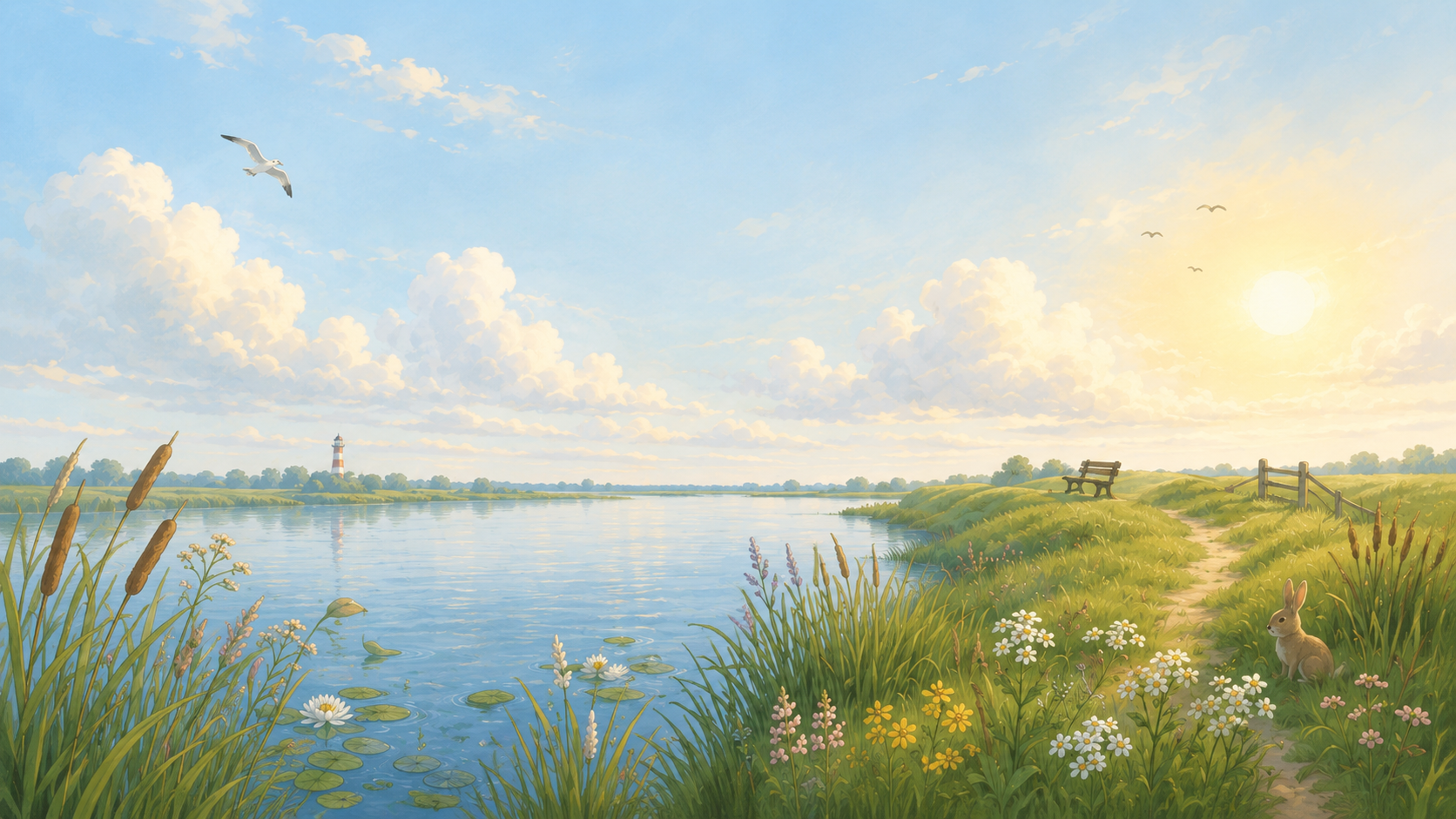 Ruhiger virtueller Deich mit Wasser, Wiese, Schilf, Himmel und weitem Blick